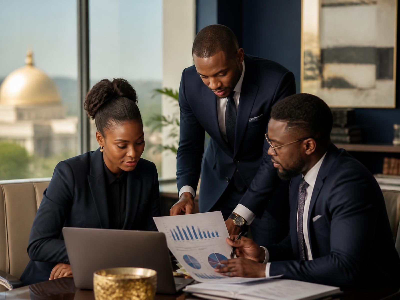 EHB Consults advisers reviewing financial charts with a client in an Abuja office